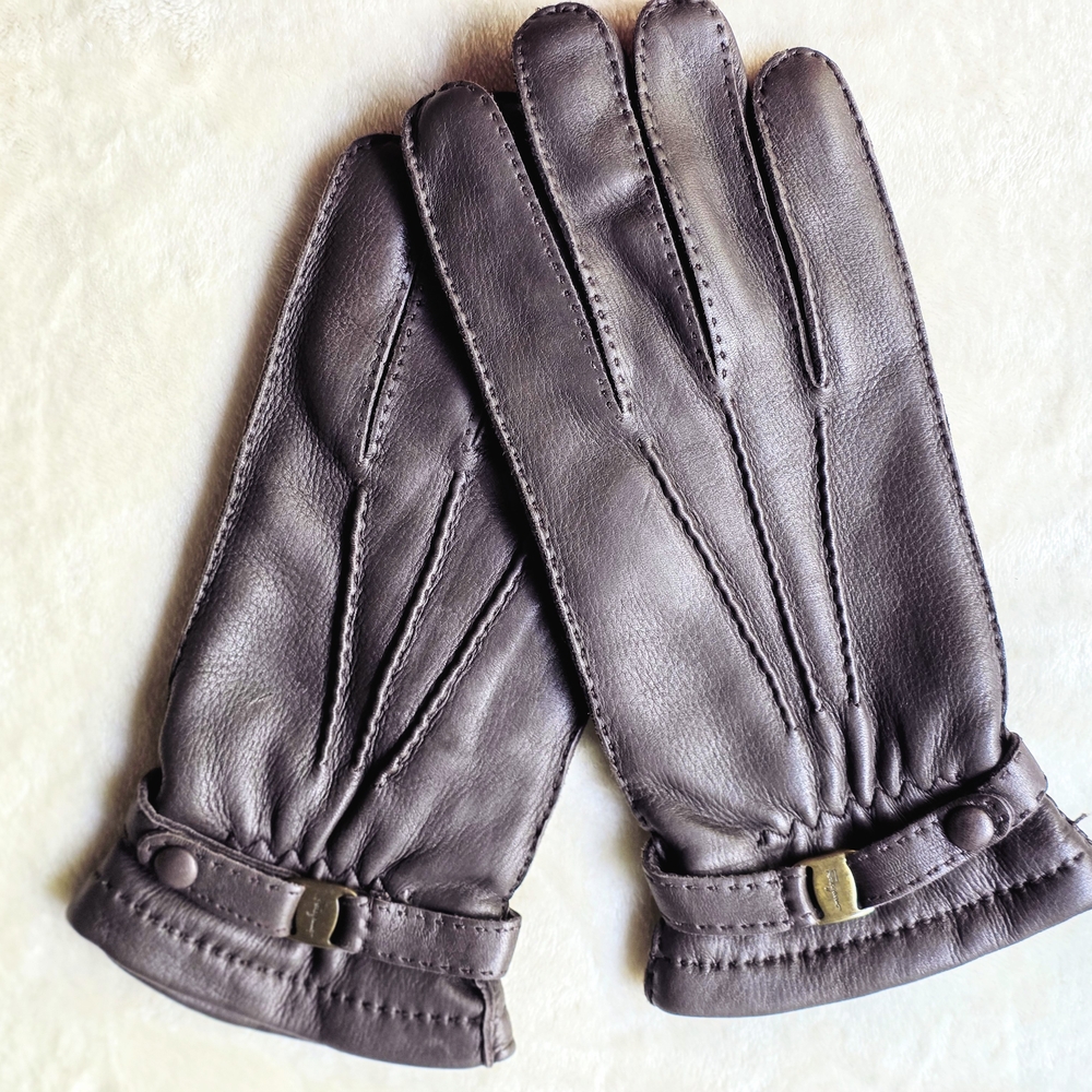 Salvatore Ferragamo AUTHENTICO 100% LEATHER Men's Brown Gloves 100%CASHMERE S/10